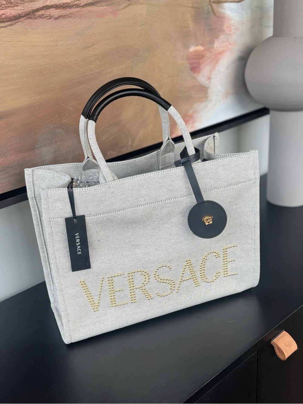 Versace La Medusa  Beige Canvas Tote with Black Handles and Gold Logo